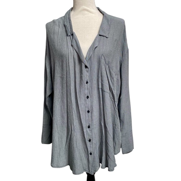 Free People Magic Breeze Gray Micro Stripe Button Down Shirt Large Oversized - Picture 2 of 16